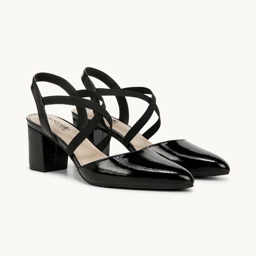 LifeStride April Black Faux Leather Slingback Block Heel Pump Womens 10W NEW
